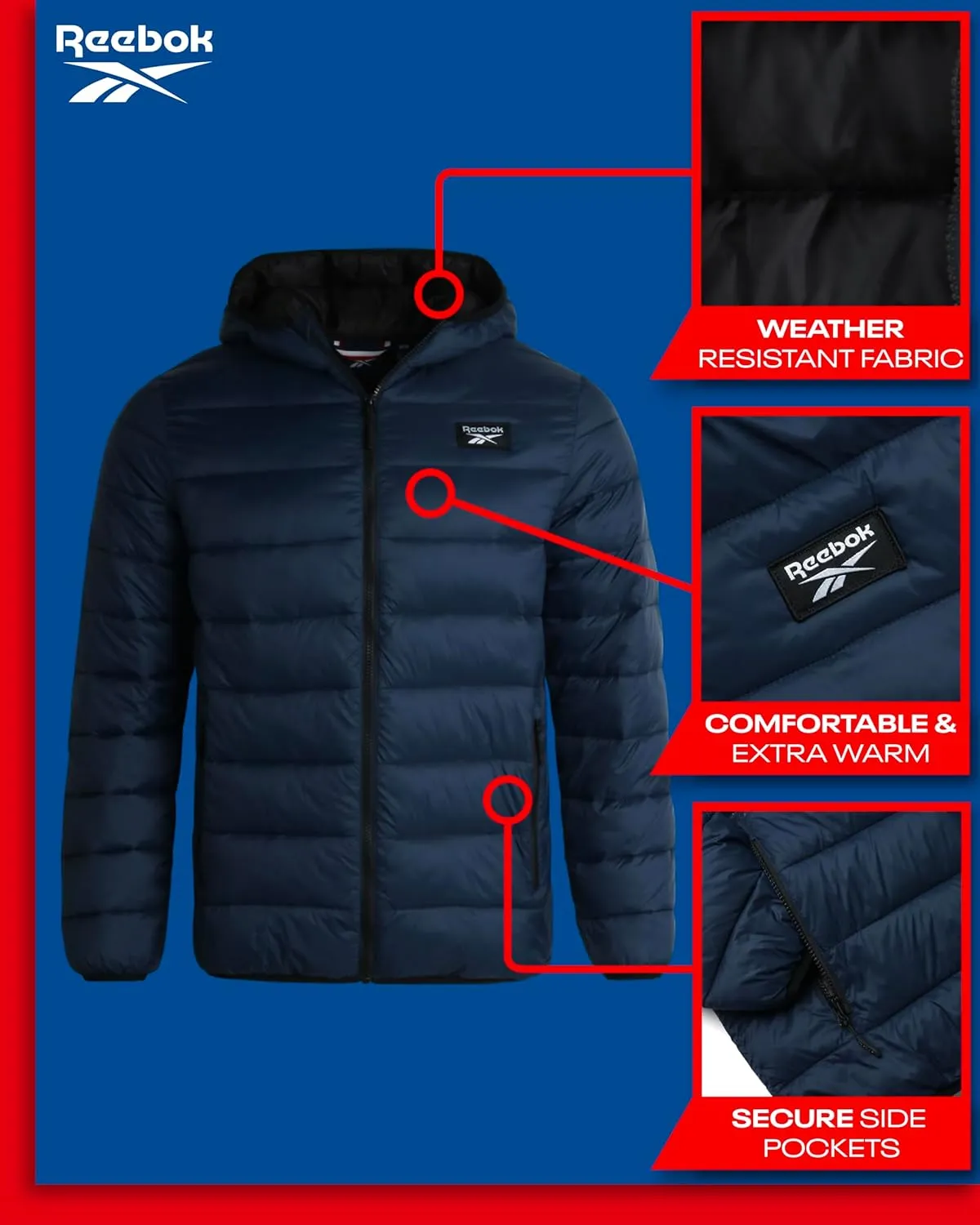 Reebok Men's Jacket  Lightweight Hooded Quilted Puffer Coat  Warm Insulated Winter Jacket for Men (S-4X)