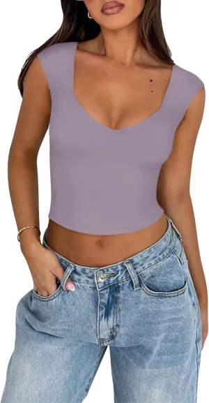REORIA Women's Trendy Butsmooth Sexy Casual V Neck Double Lined Sleeveless Slimming Going Out Crop Tank Top