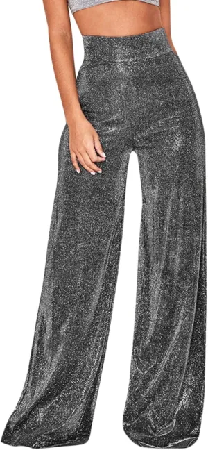 Sequin Pants for Women High Waisted Fashion Glitter Flare Bell Bottom Stretchy Casual Loose Night Party Wide Leg Trousers