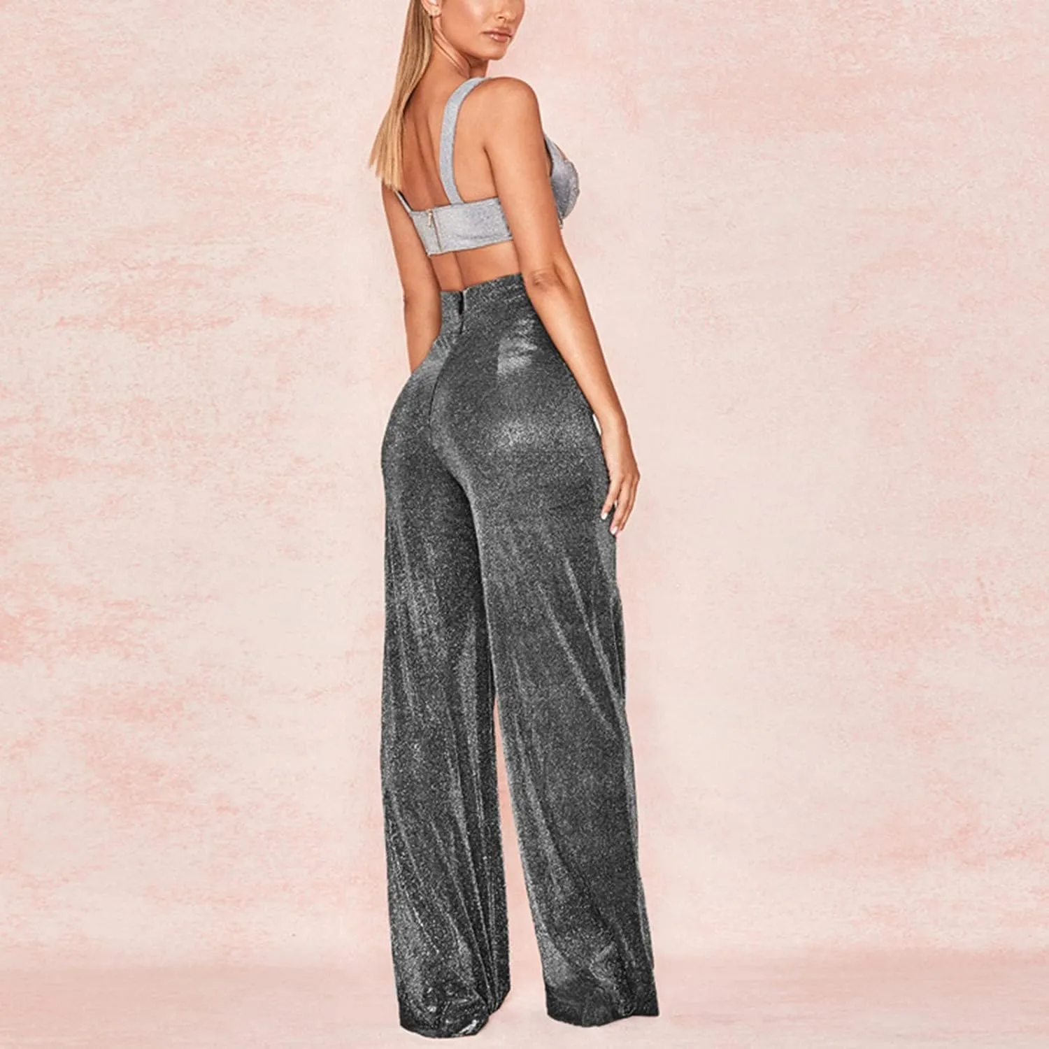 Sequin Pants for Women High Waisted Fashion Glitter Flare Bell Bottom Stretchy Casual Loose Night Party Wide Leg Trousers