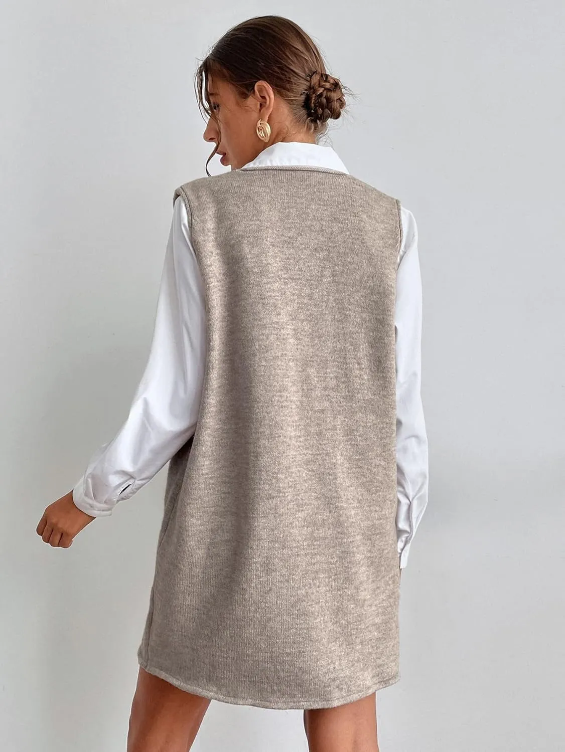 SHENHE Women's V Neck Sleeveless Knit Sweater Vest Dress Overall Shift Dress with Pockets