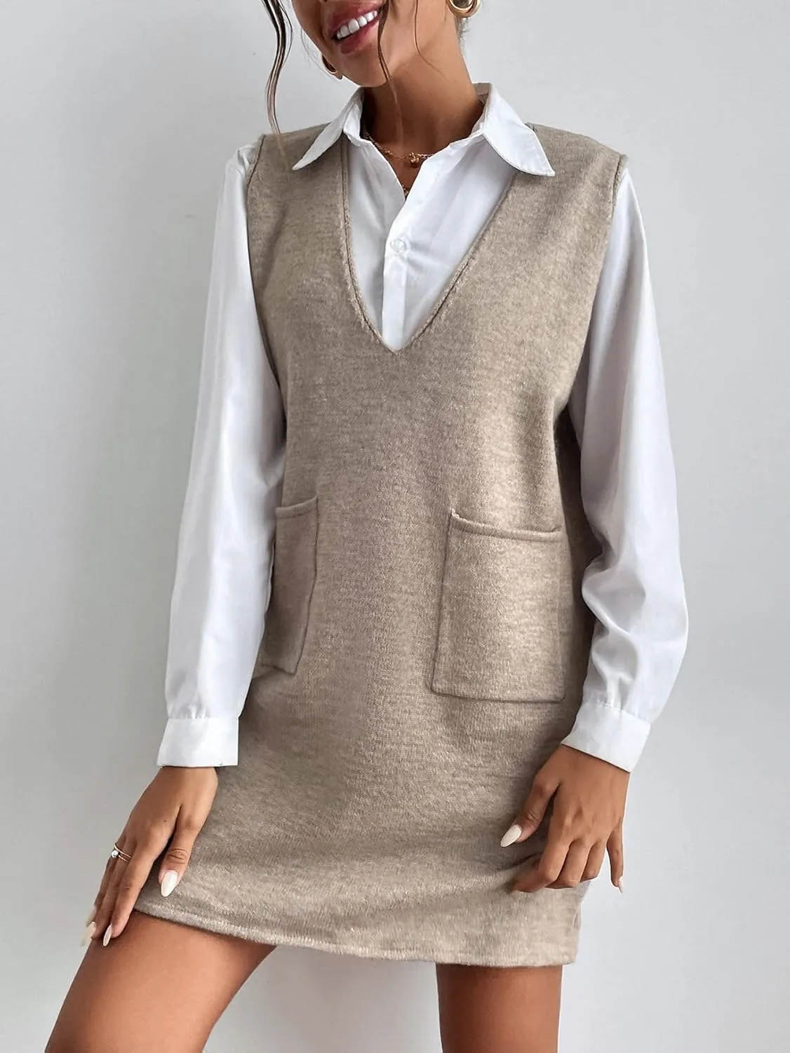 SHENHE Women's V Neck Sleeveless Knit Sweater Vest Dress Overall Shift Dress with Pockets