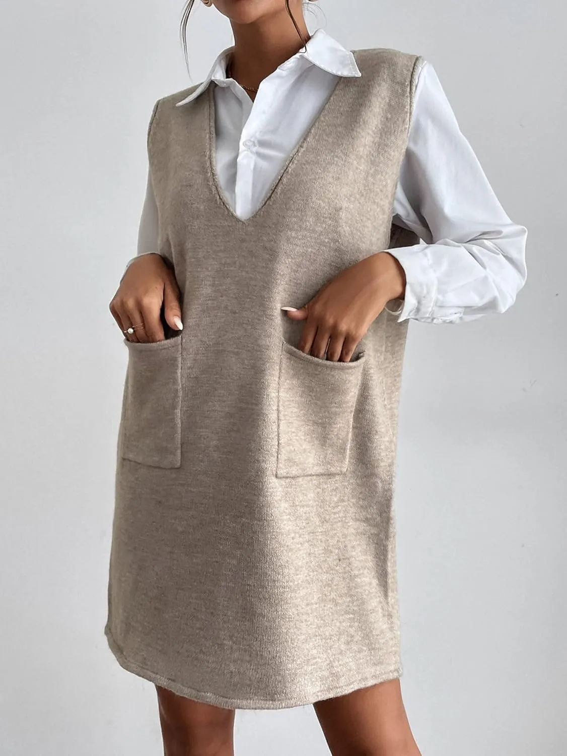 SHENHE Women's V Neck Sleeveless Knit Sweater Vest Dress Overall Shift Dress with Pockets