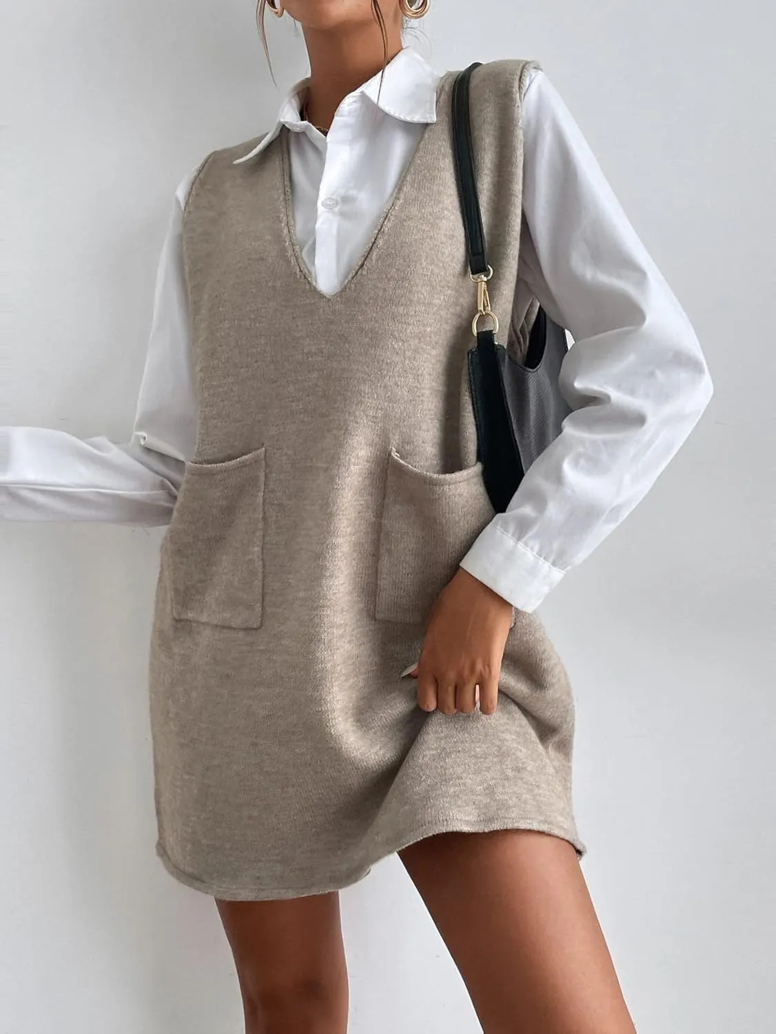 SHENHE Women's V Neck Sleeveless Knit Sweater Vest Dress Overall Shift Dress with Pockets