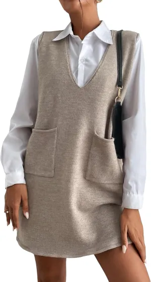SHENHE Women's V Neck Sleeveless Knit Sweater Vest Dress Overall Shift Dress with Pockets