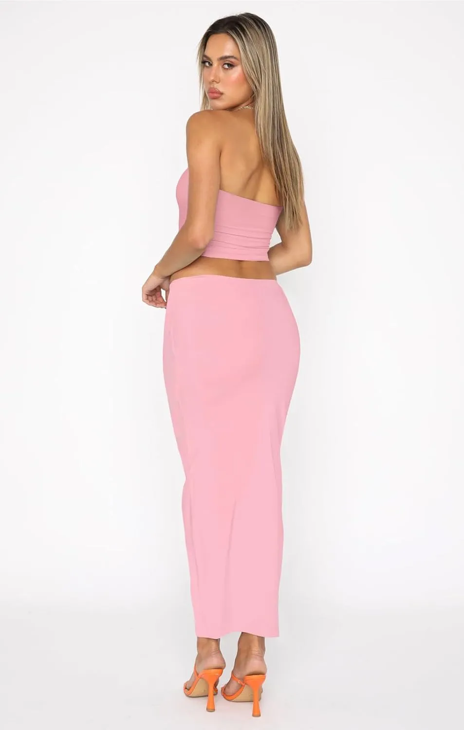 Skirt Sets Women 2 Piece Outfits - Sexy Two Pc Sleeveless Strapless Tube Crop Top Bodycon Midi Skirts Set