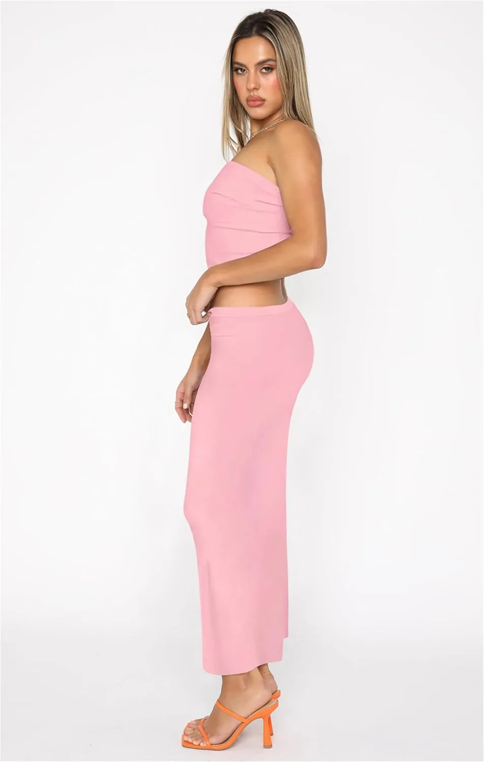 Skirt Sets Women 2 Piece Outfits - Sexy Two Pc Sleeveless Strapless Tube Crop Top Bodycon Midi Skirts Set