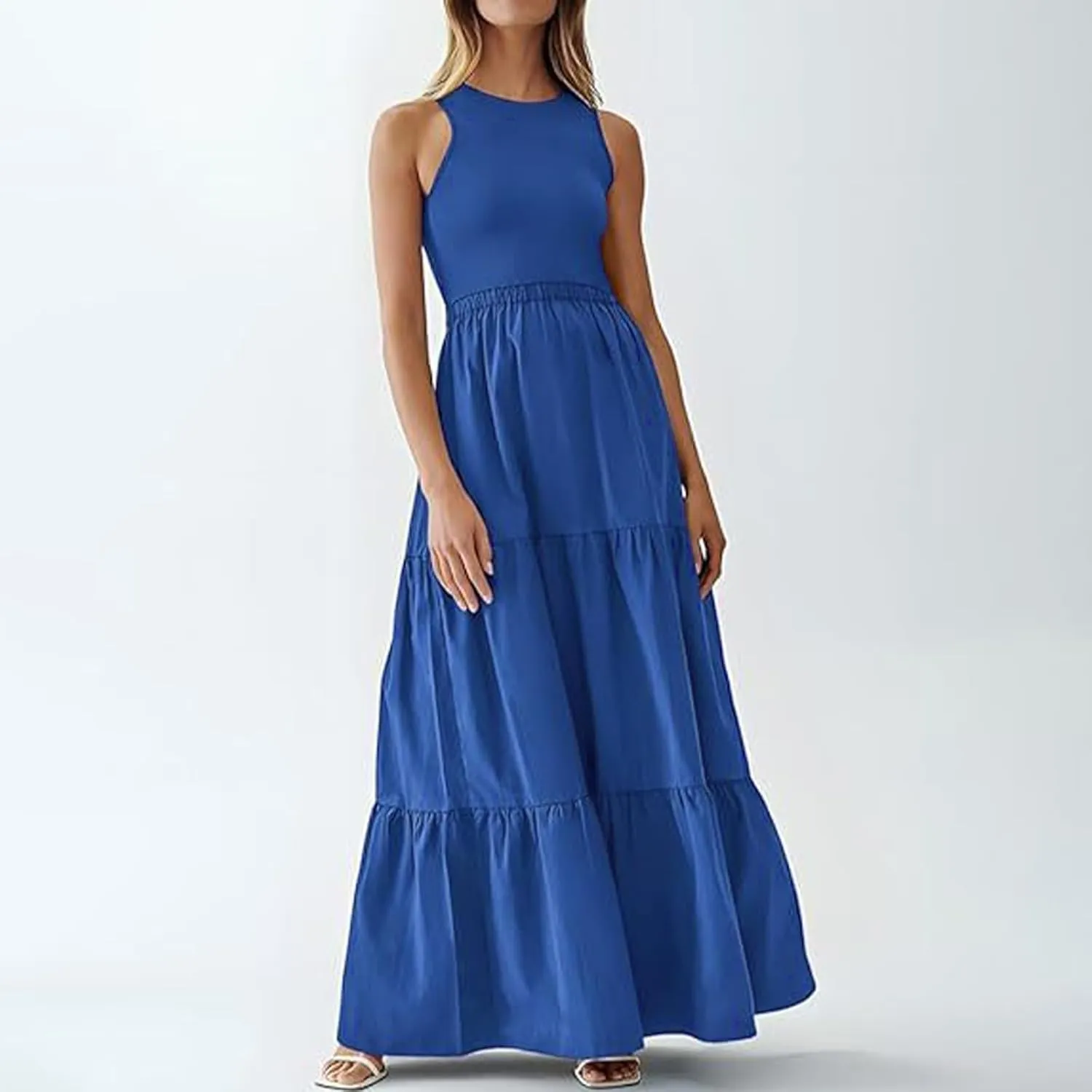 Skirts for Women Summer Patchwork Stripe Pleated Dress Round Neck Sleeveless A-line Skirt Party Wedding Maxi