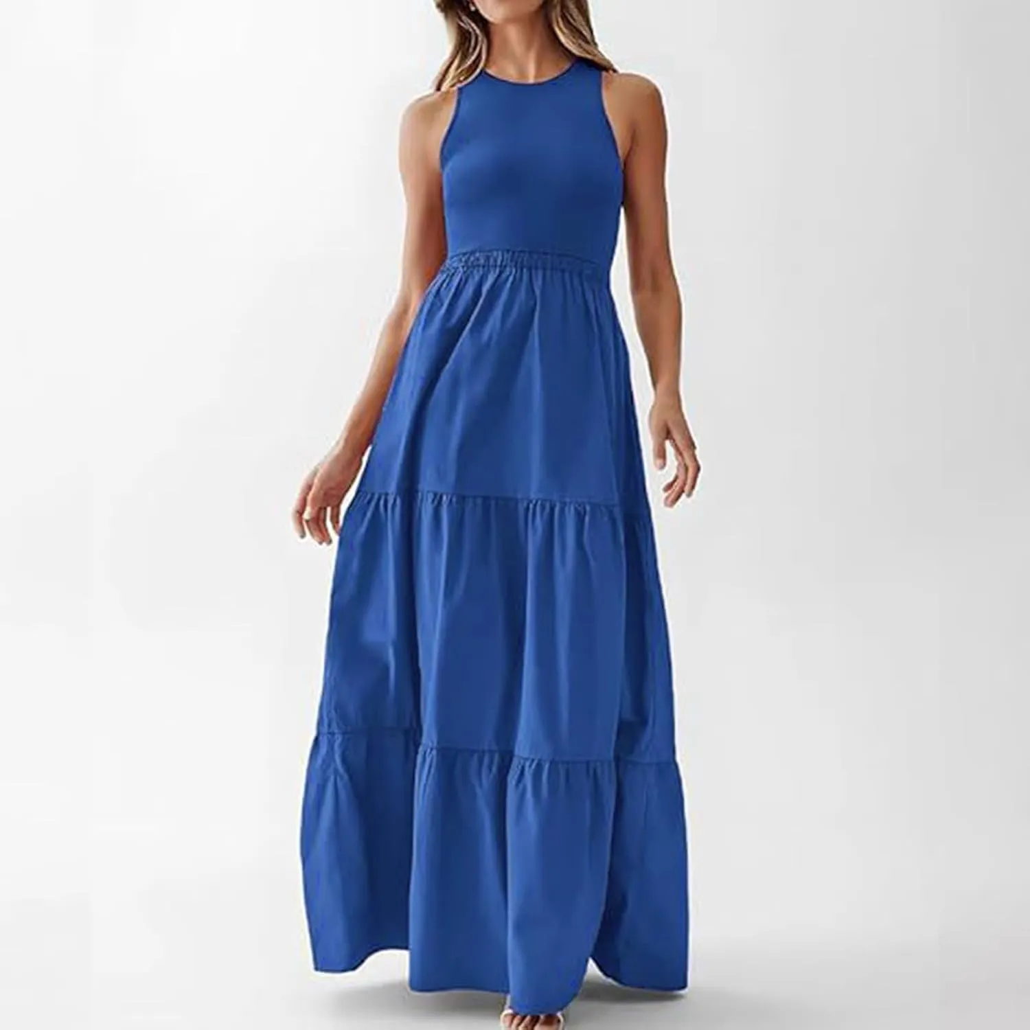 Skirts for Women Summer Patchwork Stripe Pleated Dress Round Neck Sleeveless A-line Skirt Party Wedding Maxi