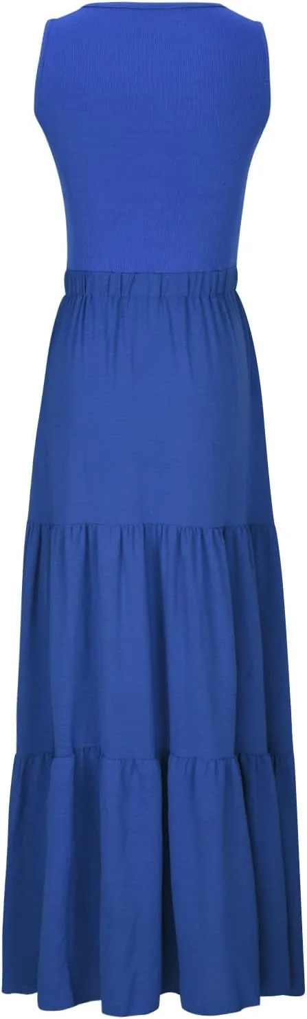 Skirts for Women Summer Patchwork Stripe Pleated Dress Round Neck Sleeveless A-line Skirt Party Wedding Maxi