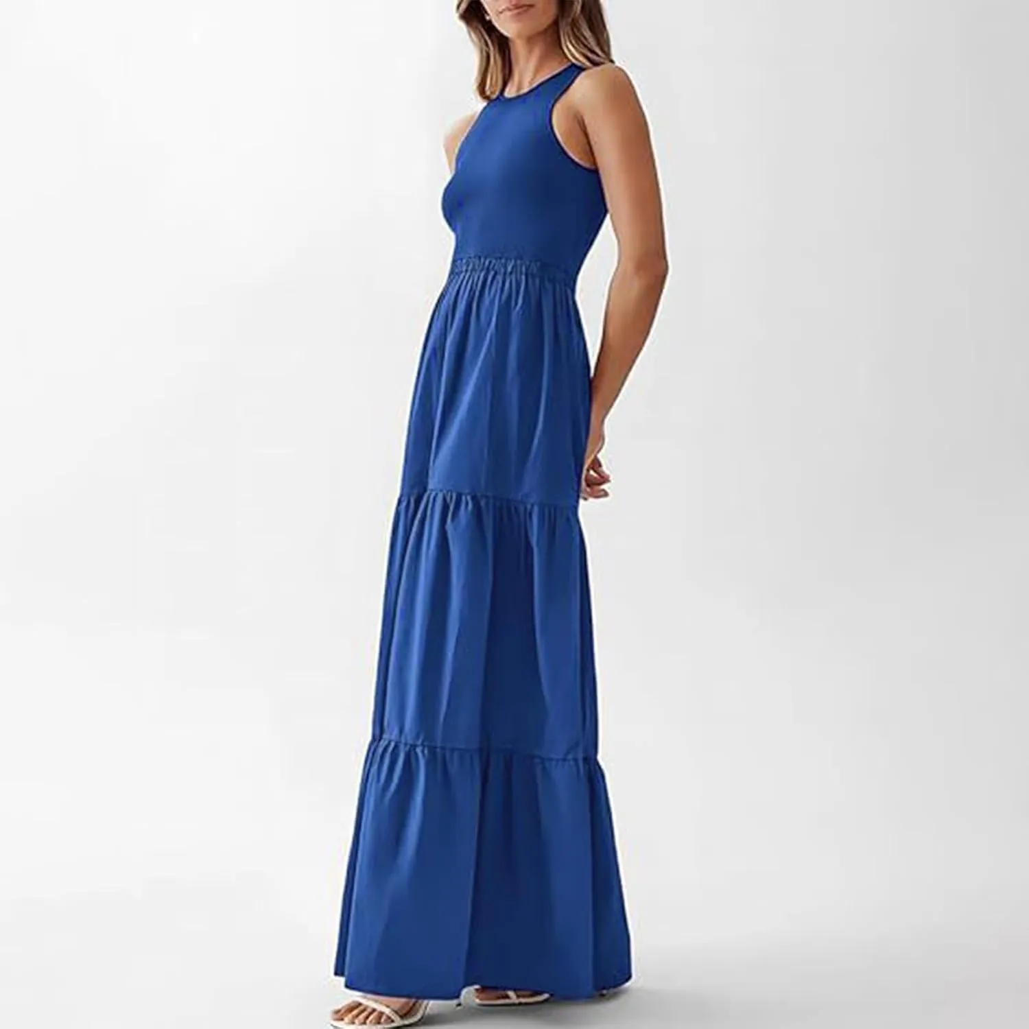 Skirts for Women Summer Patchwork Stripe Pleated Dress Round Neck Sleeveless A-line Skirt Party Wedding Maxi