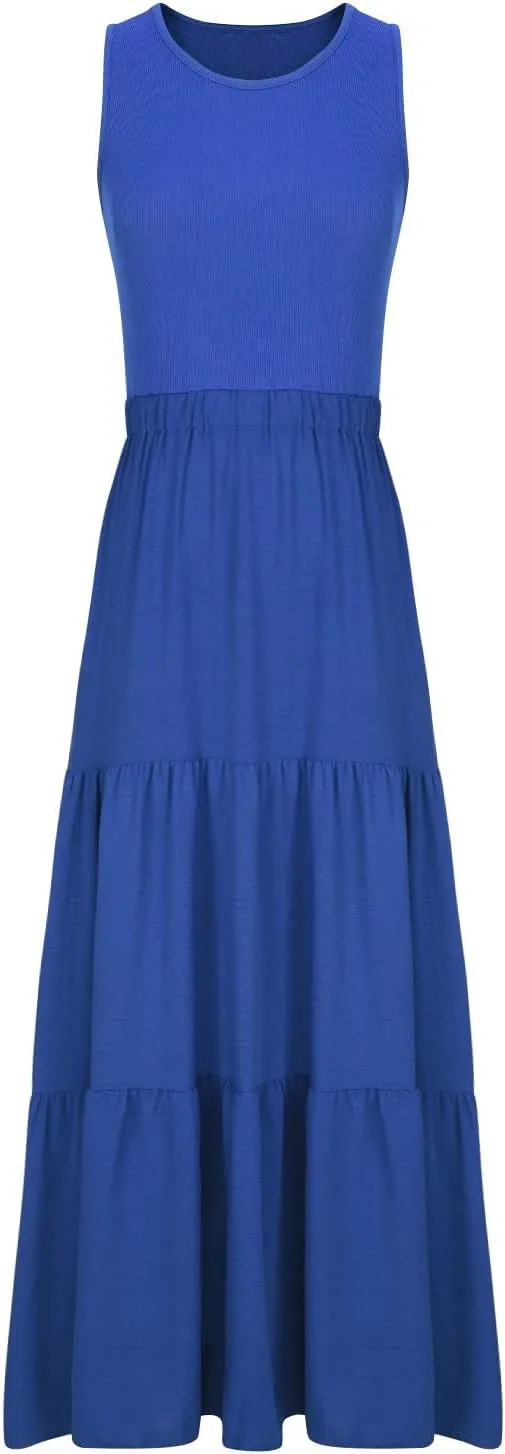 Skirts for Women Summer Patchwork Stripe Pleated Dress Round Neck Sleeveless A-line Skirt Party Wedding Maxi