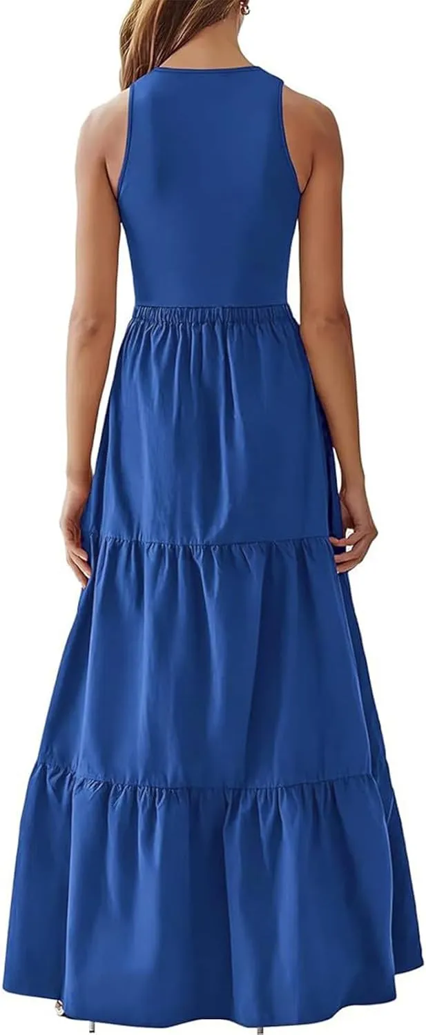 Skirts for Women Summer Patchwork Stripe Pleated Dress Round Neck Sleeveless A-line Skirt Party Wedding Maxi