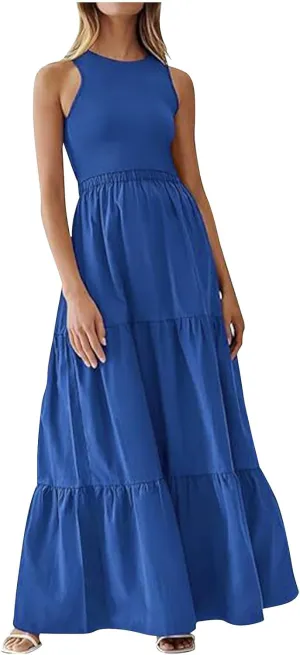 Skirts for Women Summer Patchwork Stripe Pleated Dress Round Neck Sleeveless A-line Skirt Party Wedding Maxi