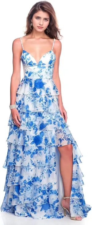 Spaghetti Straps Floral Prom Dresses V-Neck A Line Tiered Ball Gown Chiffon Formal Evening Dress for Women