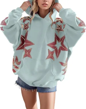 Star Graphic Hoodie Y2k Star Print Sweatshirt Long Sleeve Pocket Pullover Tops Cue Oversized Graphic Hoodies