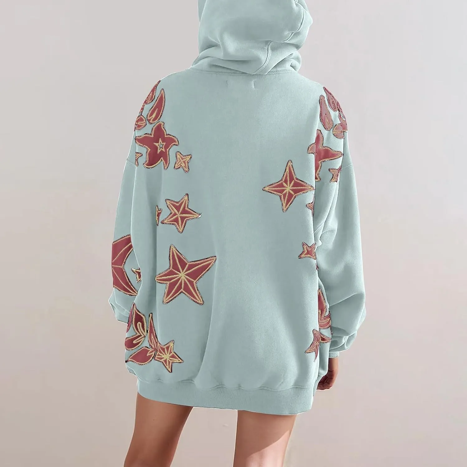 Star Graphic Hoodie Y2k Star Print Sweatshirt Long Sleeve Pocket Pullover Tops Cue Oversized Graphic Hoodies