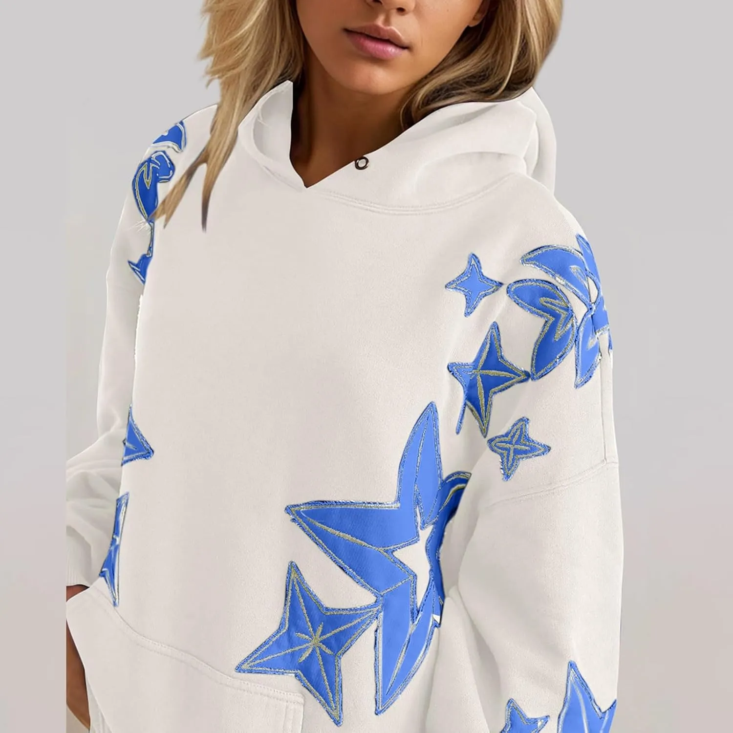 Star Graphic Hoodie Y2k Star Print Sweatshirt Long Sleeve Pocket Pullover Tops Cue Oversized Graphic Hoodies