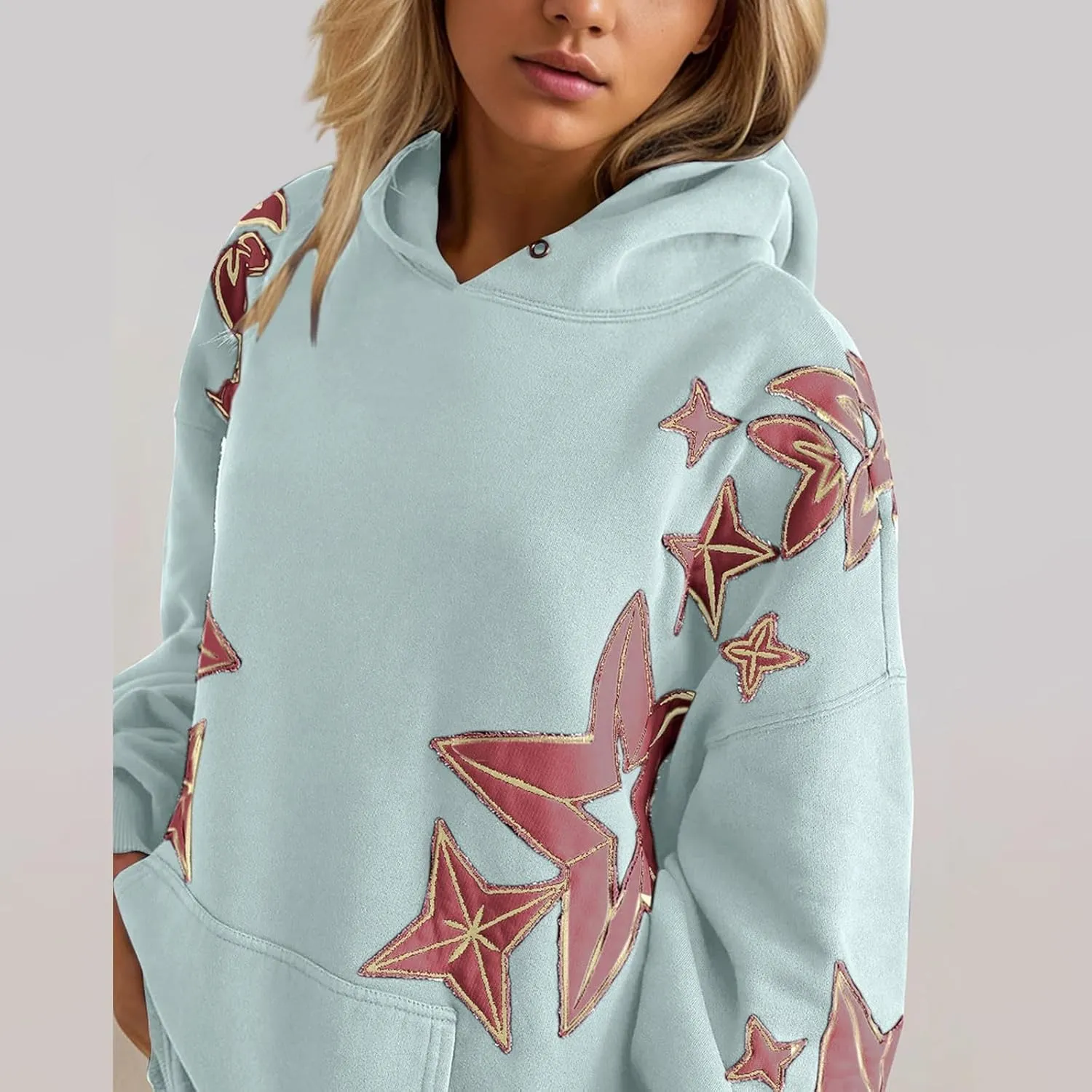 Star Graphic Hoodie Y2k Star Print Sweatshirt Long Sleeve Pocket Pullover Tops Cue Oversized Graphic Hoodies