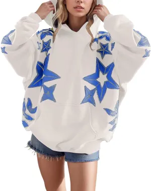 Star Graphic Hoodie Y2k Star Print Sweatshirt Long Sleeve Pocket Pullover Tops Cue Oversized Graphic Hoodies