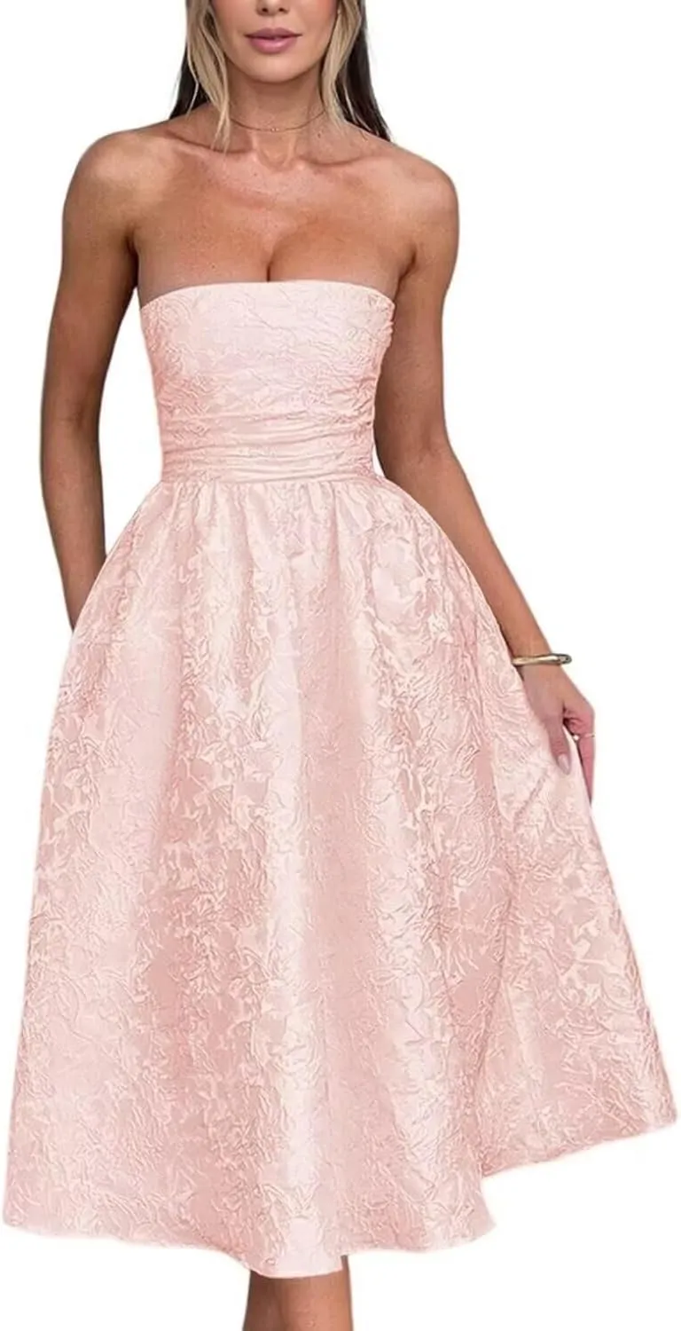 Strapless Jacquard Floral Prom Dresses Satin Corset Wedding Dress Midi Cocktail Pary Gown