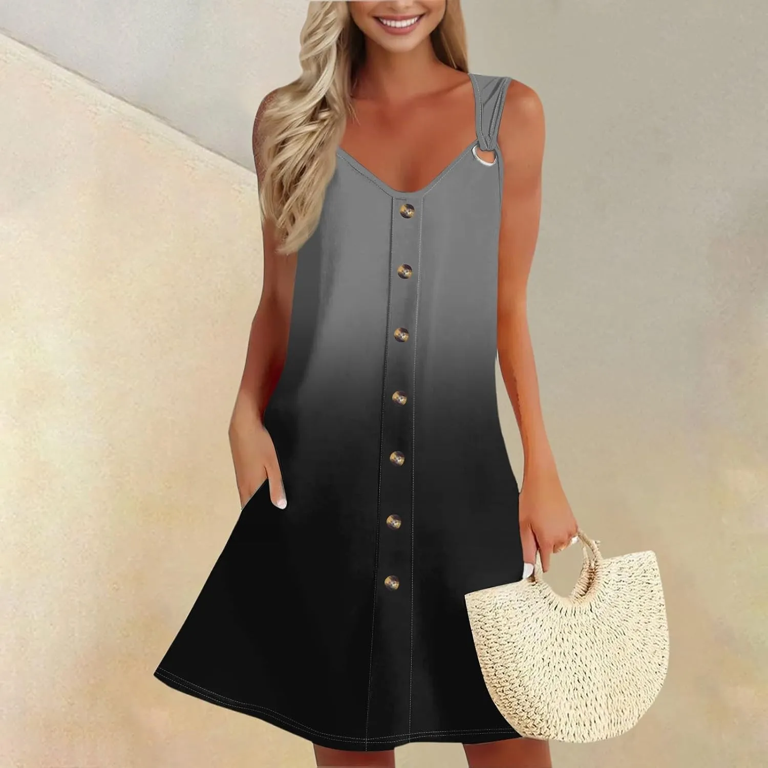 Summer Dress Sleeveless Floral Mini with Pockets Bohemian 2025 New Solid Color Cover Ups Casual Loose Sun Dresses