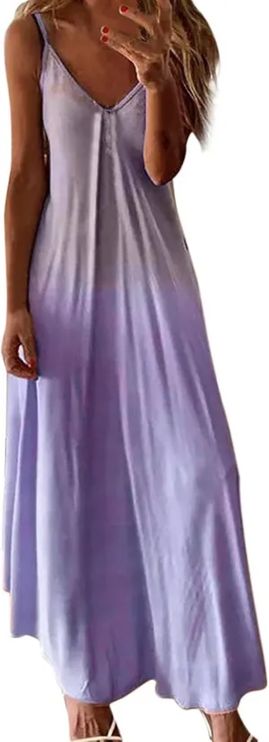Summer Dresses for Women 2024 Casual V-Neck Long Dress Elegant A Line Sleeveless Printed Beach Sundress