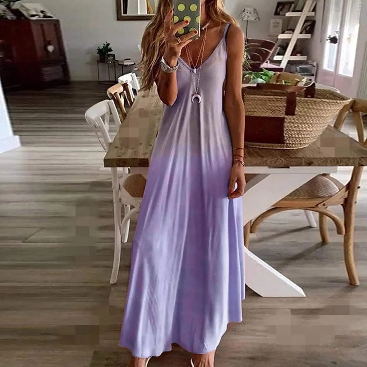 Summer Dresses for Women 2024 Casual V-Neck Long Dress Elegant A Line Sleeveless Printed Beach Sundress