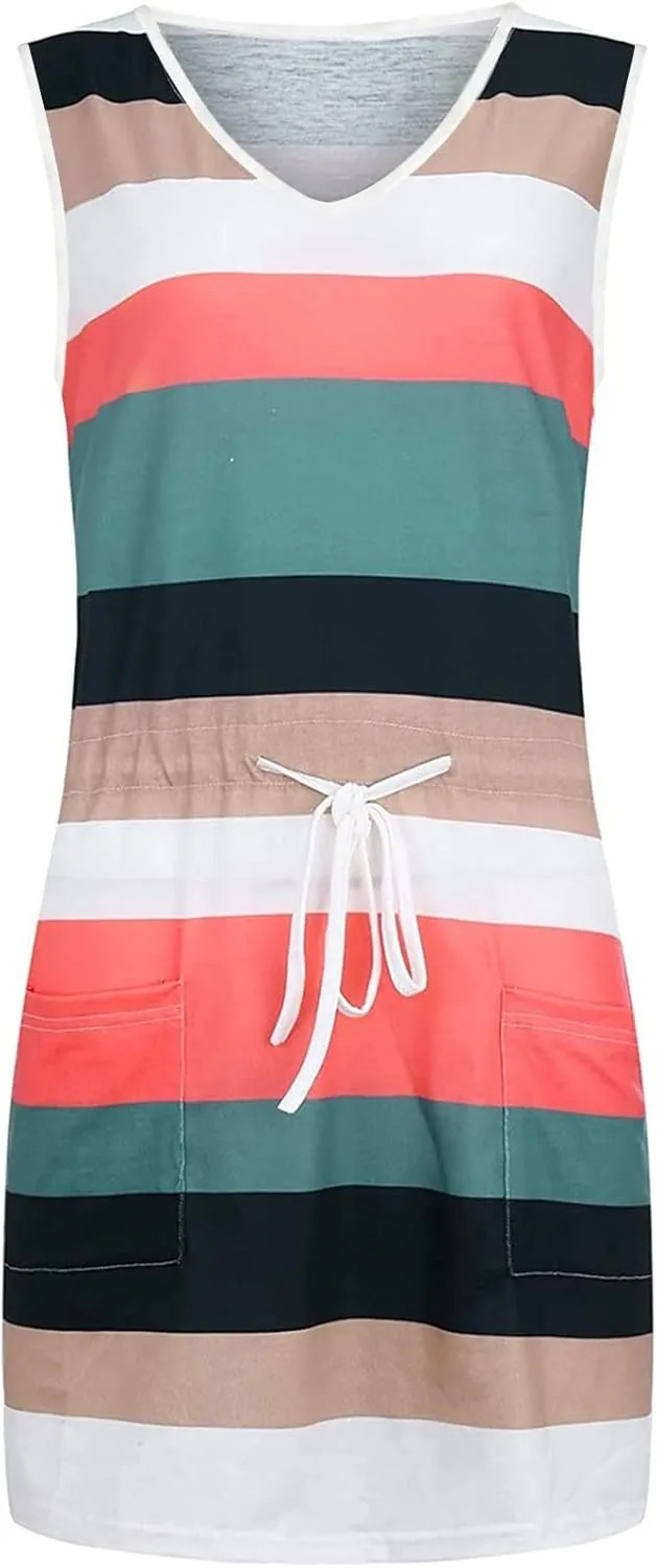 Summer Dresses for Women 2024 Casual V-Neck Sleeveless Bandage Stripe Printing Sundresses Loose Vest Sling Dress