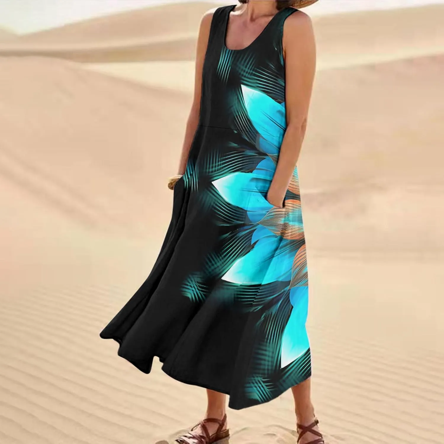 Summer Dresses for Women 2024 Vacation Linen Sleeveless Boho Floral Print Beach Sundress Casual Baggy Maxi Dress with Pockets