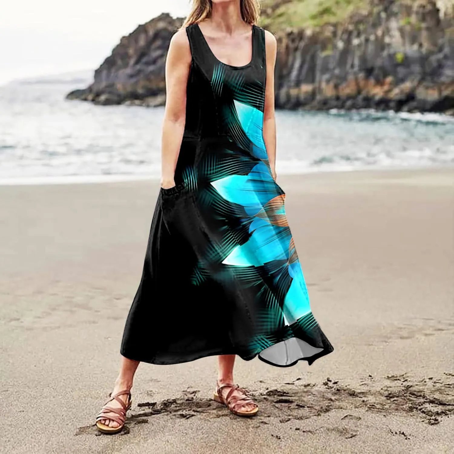 Summer Dresses for Women 2024 Vacation Linen Sleeveless Boho Floral Print Beach Sundress Casual Baggy Maxi Dress with Pockets