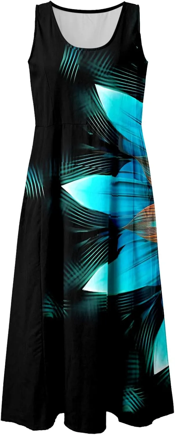 Summer Dresses for Women 2024 Vacation Linen Sleeveless Boho Floral Print Beach Sundress Casual Baggy Maxi Dress with Pockets