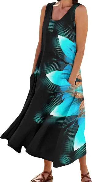 Summer Dresses for Women 2024 Vacation Linen Sleeveless Boho Floral Print Beach Sundress Casual Baggy Maxi Dress with Pockets