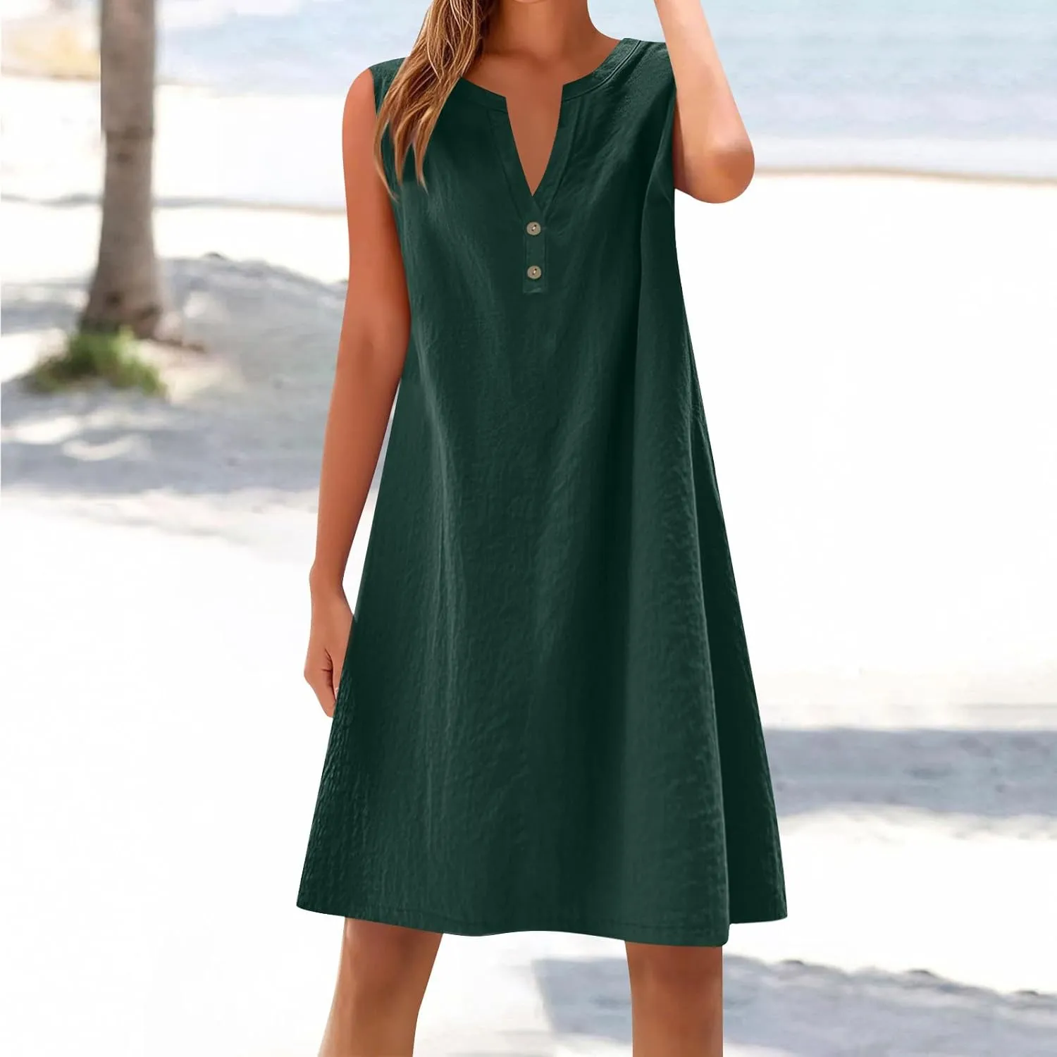 Summer Dresses for Women 2025 Cotton Linen Dress Tshirt Casual Hawaiian Sleeveless Button V-Neck Midi Boho Sundress