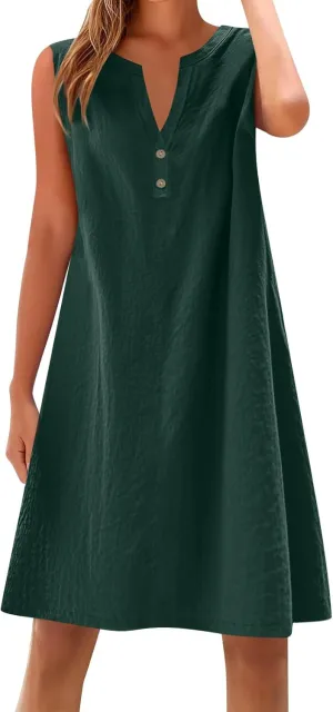 Summer Dresses for Women 2025 Cotton Linen Dress Tshirt Casual Hawaiian Sleeveless Button V-Neck Midi Boho Sundress
