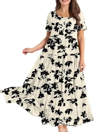 Summer Dresses for Women 2025 Short Sleeve Long Maxi Casual Loose Bohemian Floral Dresses;Womens Fashion