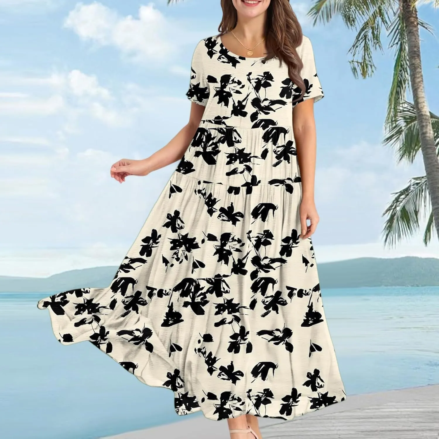 Summer Dresses for Women 2025 Short Sleeve Long Maxi Casual Loose Bohemian Floral Dresses;Womens Fashion