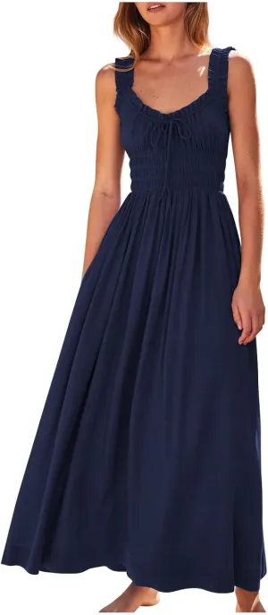Summer Dresses for Women 2025 Trendy Sleeveless Beach Long Flowy Dresses Smocked Ruffle Maxi Sundress