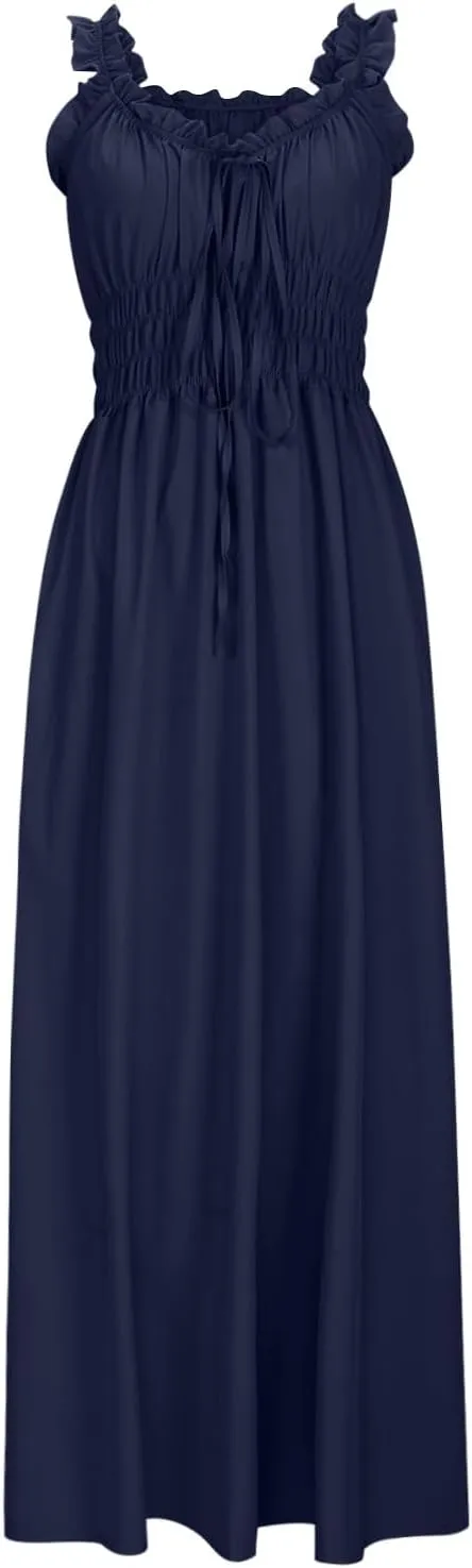 Summer Dresses for Women 2025 Trendy Sleeveless Beach Long Flowy Dresses Smocked Ruffle Maxi Sundress