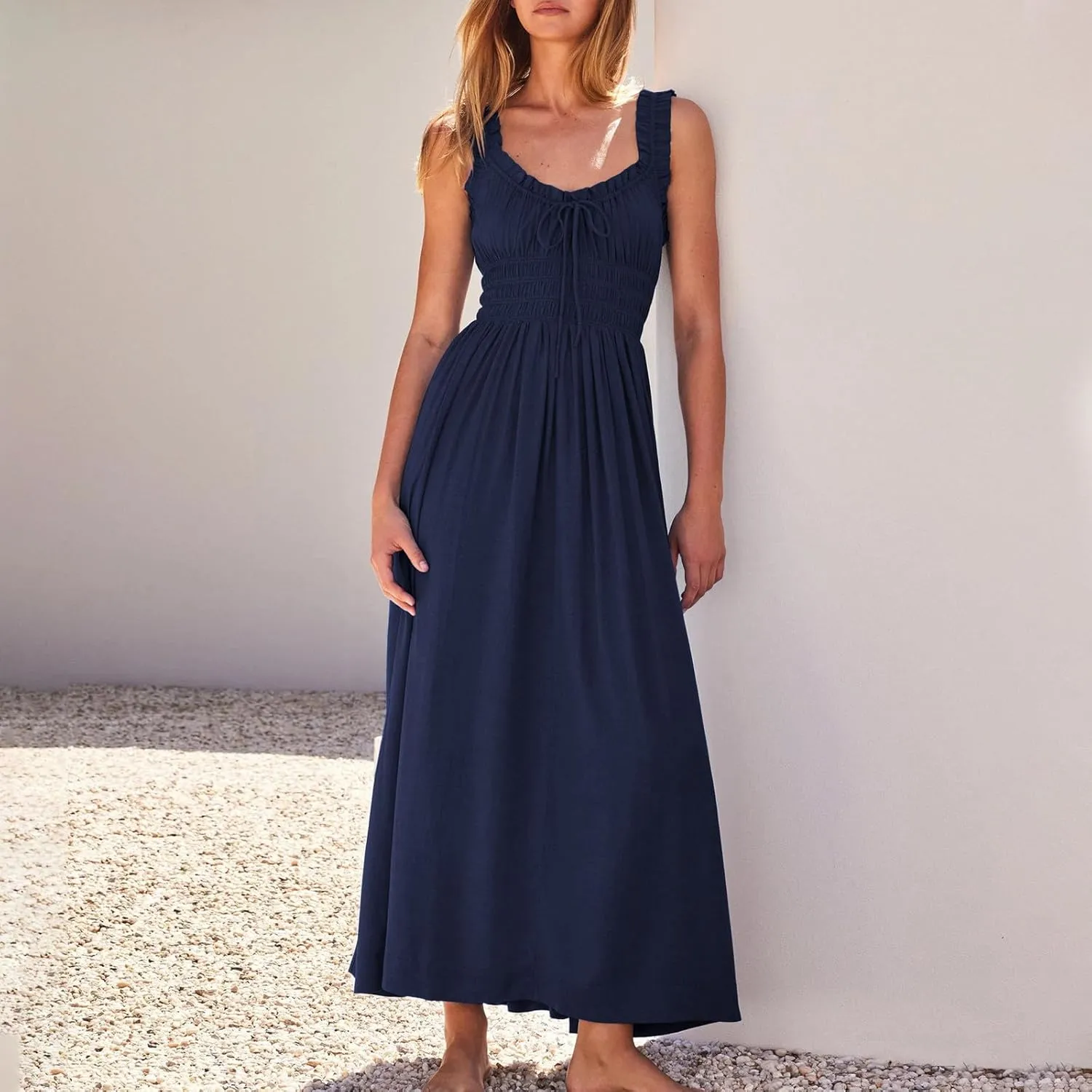 Summer Dresses for Women 2025 Trendy Sleeveless Beach Long Flowy Dresses Smocked Ruffle Maxi Sundress
