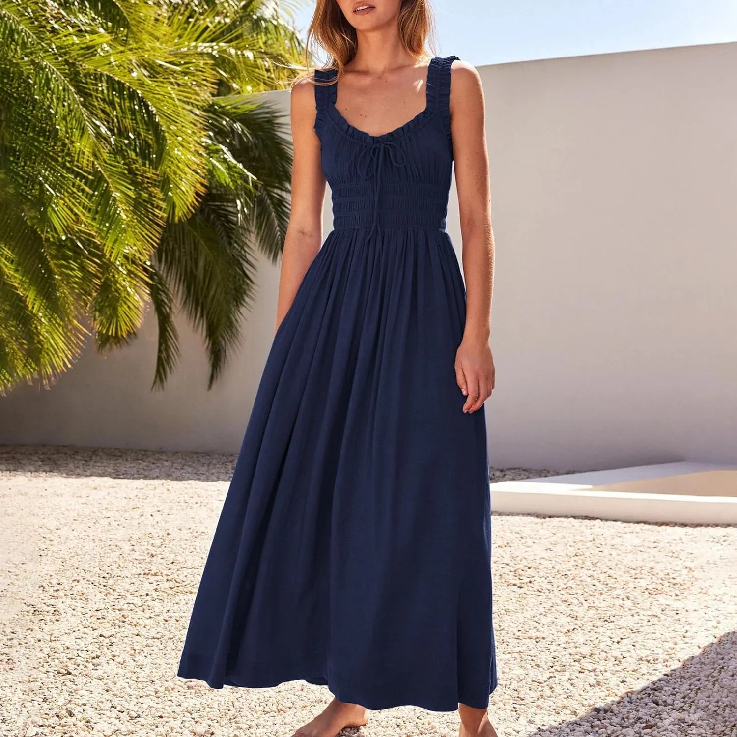 Summer Dresses for Women 2025 Trendy Sleeveless Beach Long Flowy Dresses Smocked Ruffle Maxi Sundress