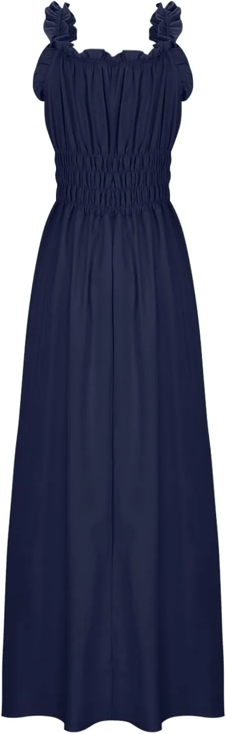 Summer Dresses for Women 2025 Trendy Sleeveless Beach Long Flowy Dresses Smocked Ruffle Maxi Sundress