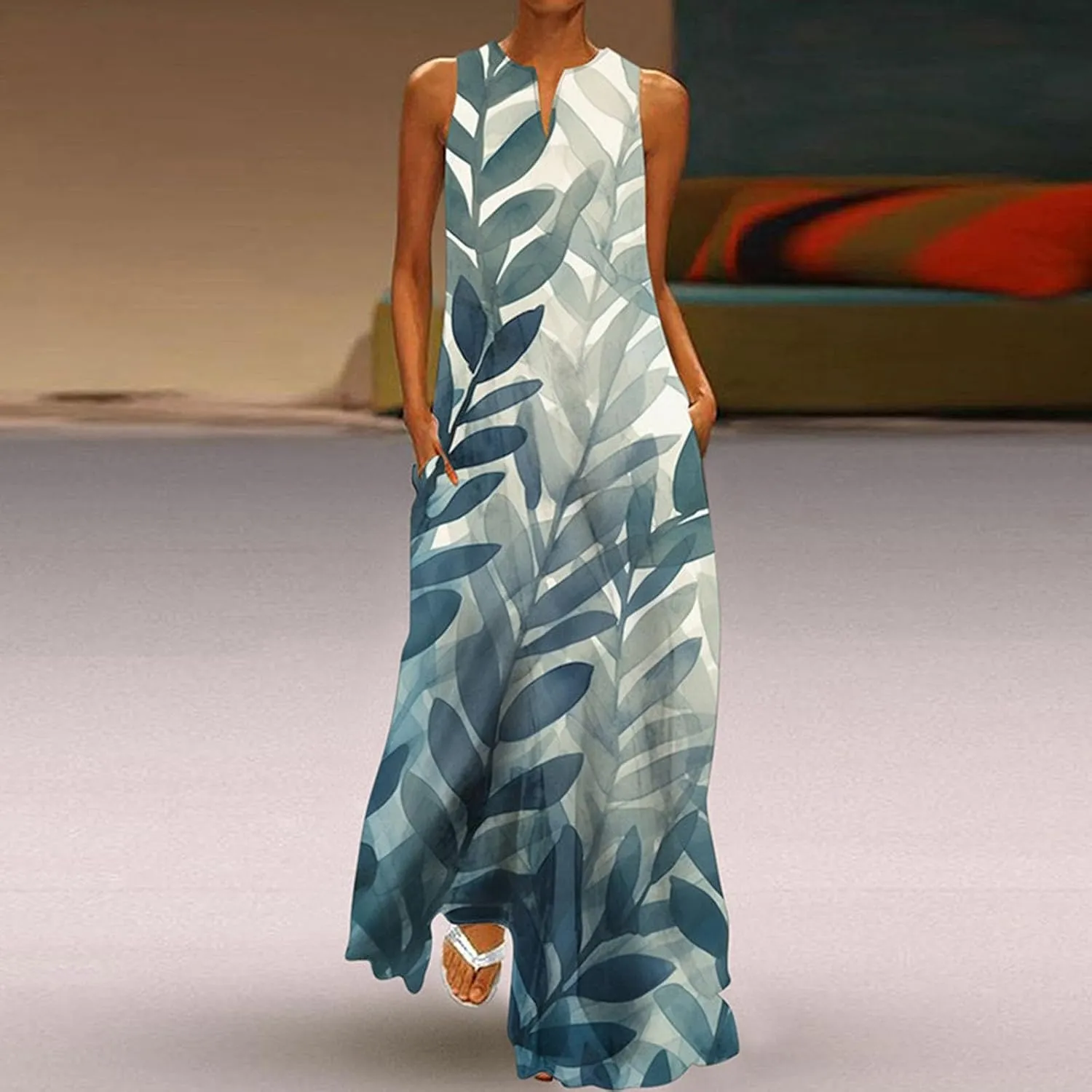 Summer Dresses for Women 2025,Women's Casual Beach Sundresses V-Neck Sleeveless Dresses Maxi Floral Printed Tank Dress