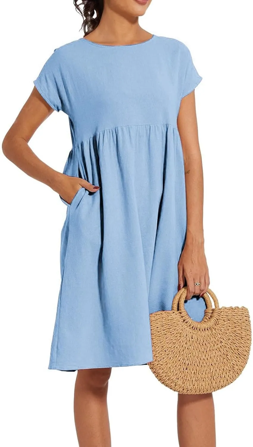 Summer Dresses for Women Linen Cotton Short Sleeve Boho Midi Dress Crew Neck Baggy Tunic Dresses with Pockets Beach Fashion