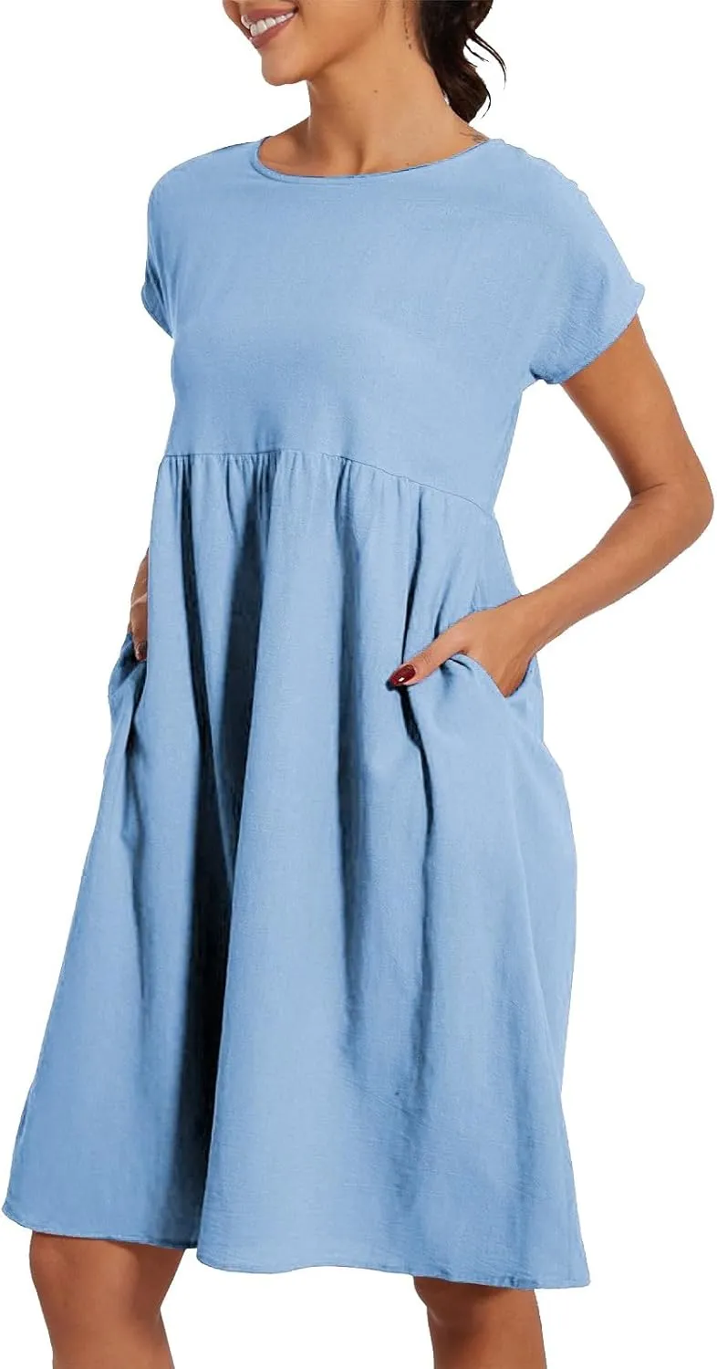 Summer Dresses for Women Linen Cotton Short Sleeve Boho Midi Dress Crew Neck Baggy Tunic Dresses with Pockets Beach Fashion