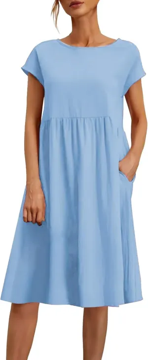Summer Dresses for Women Linen Cotton Short Sleeve Boho Midi Dress Crew Neck Baggy Tunic Dresses with Pockets Beach Fashion