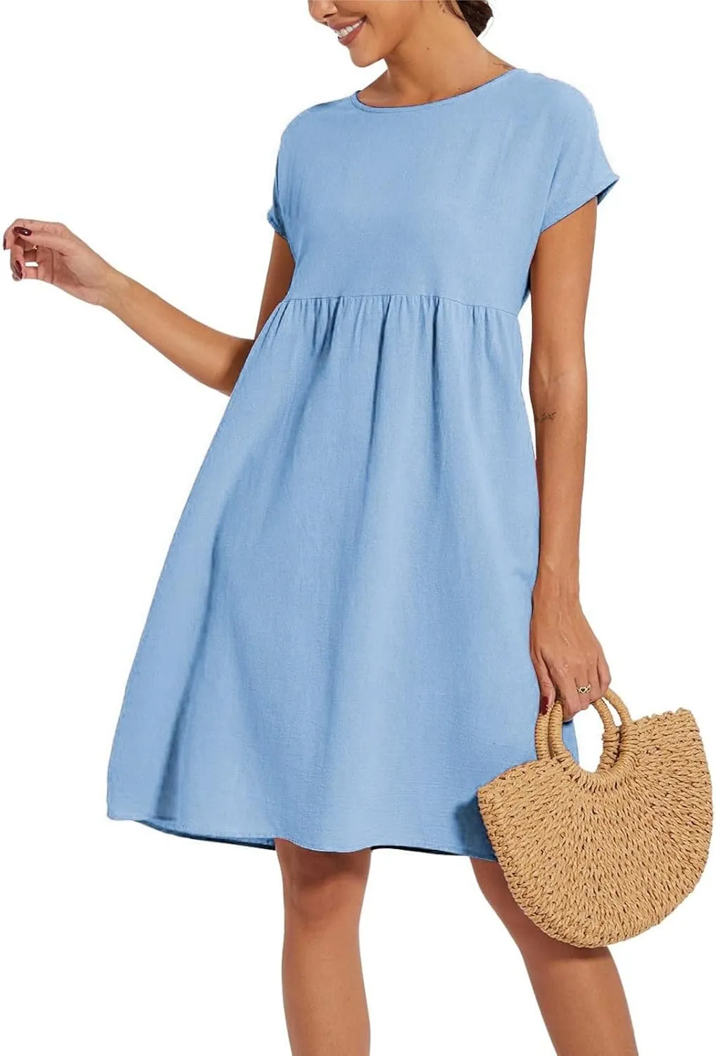 Summer Dresses for Women Linen Cotton Short Sleeve Boho Midi Dress Crew Neck Baggy Tunic Dresses with Pockets Beach Fashion