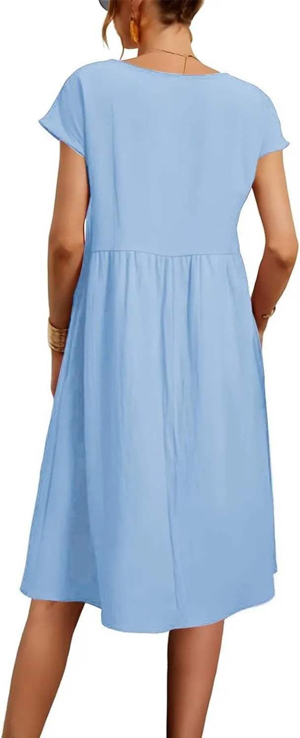 Summer Dresses for Women Linen Cotton Short Sleeve Boho Midi Dress Crew Neck Baggy Tunic Dresses with Pockets Beach Fashion
