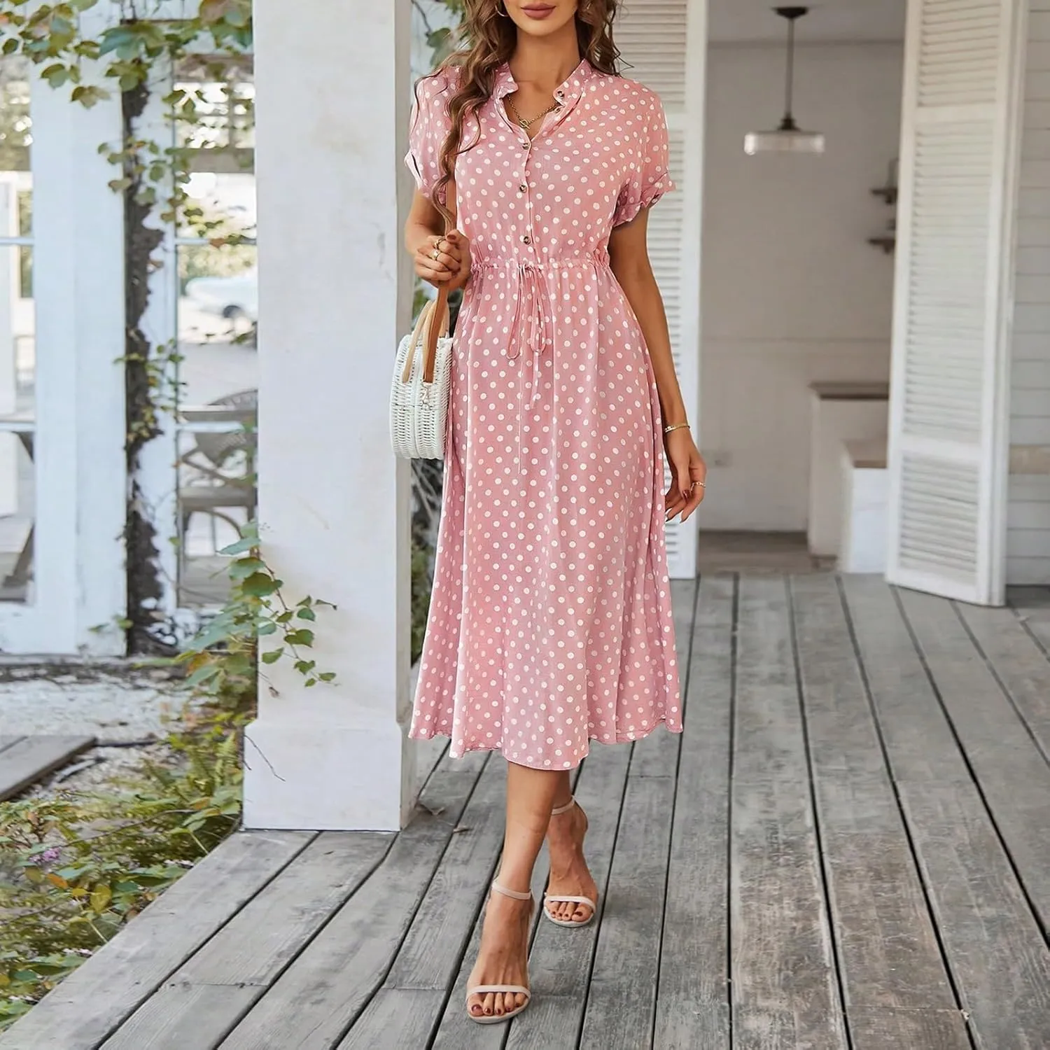 Summer Dresses for Women Trendy Short Sleeve Ruched Tie Waist Dress V Neck Polka Dot Button Down Boho Midi Sundress