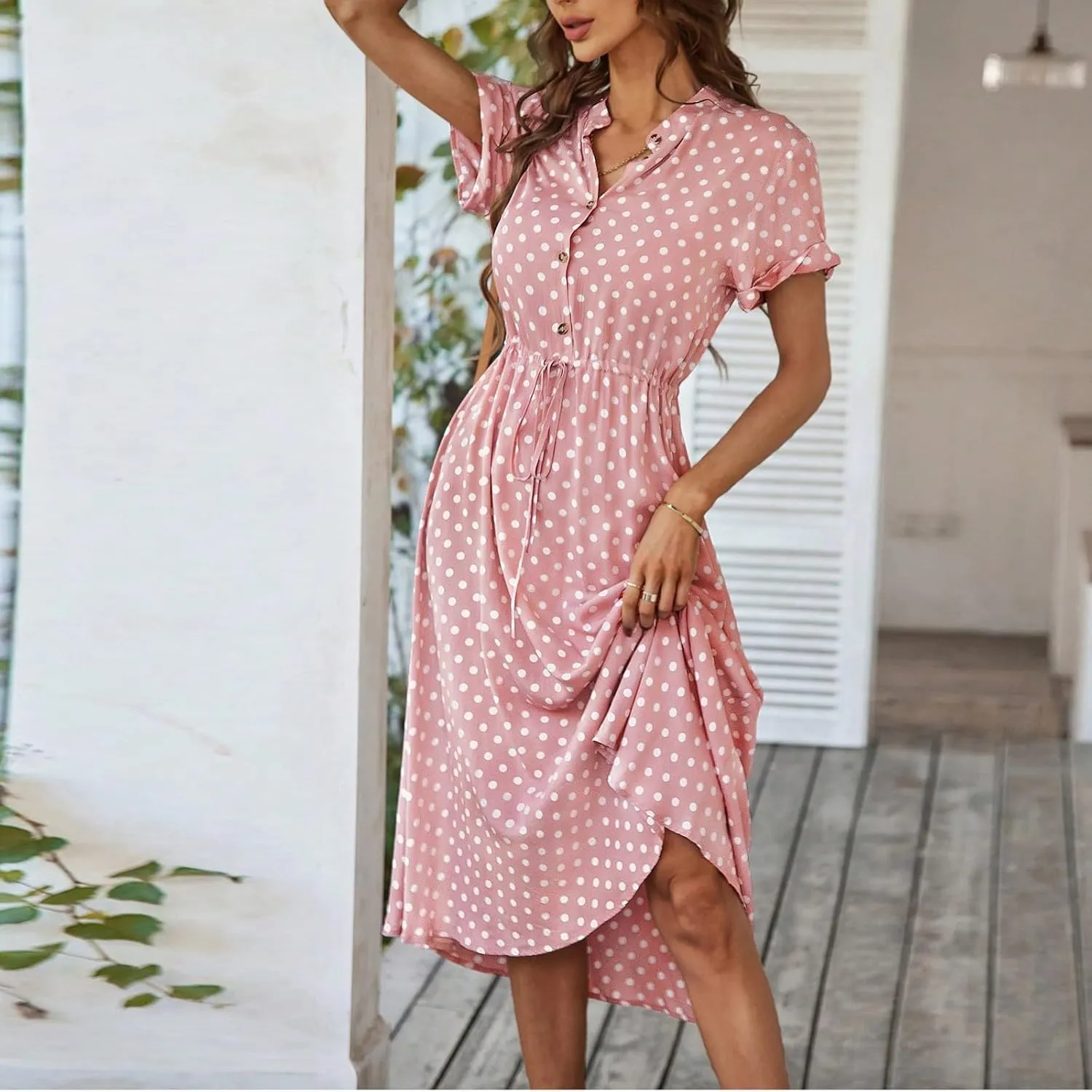 Summer Dresses for Women Trendy Short Sleeve Ruched Tie Waist Dress V Neck Polka Dot Button Down Boho Midi Sundress